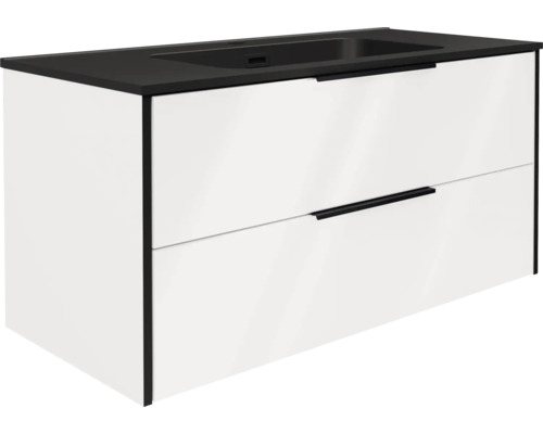 Moderner weißer Waschbeckenunterschrank mit zwei Schubladen, schwarzen Griffen und schwarzem Waschtisch.