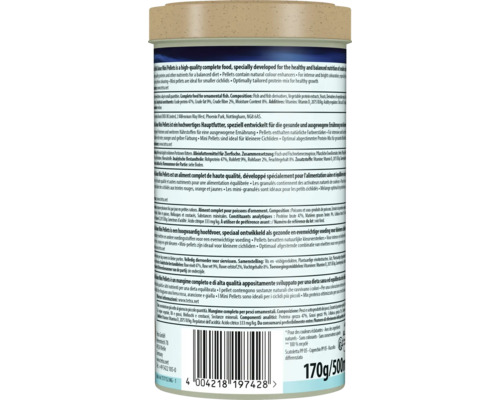 Nourriture pour poissons Tetra Cichlid Colour Mini Pellets, boîte de 170 grammes avec informations sur le produit et code-barres.