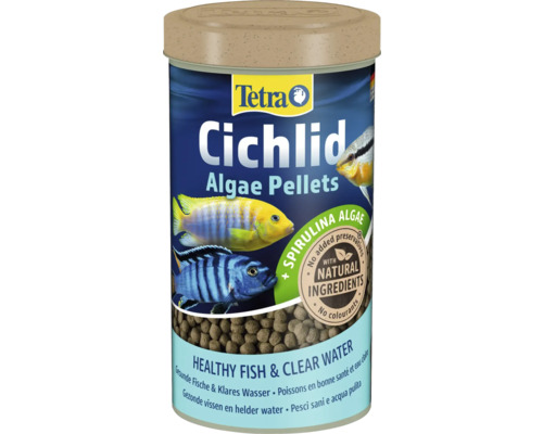 Tetra Cichlid Algae Pellets, nourriture pour cichlidés aux algues spiruline et ingrédients naturels en boîte.