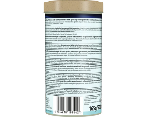 Vue arrière d'un emballage Tetra Cichlid Algae Pellets avec ingrédients, instructions de nourrissage et code-barres.