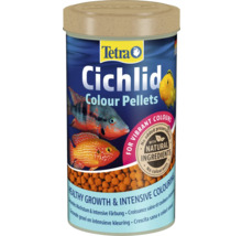 Logo Tetra sur boîte de granulés Cichlid Colour Pellets, pour cichlidés, coloration intense et croissance saine, ingrédients naturels.