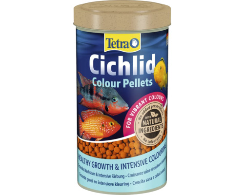 Logo Tetra sur boîte de granulés Cichlid Colour Pellets, pour cichlidés, coloration intense et croissance saine, ingrédients naturels.