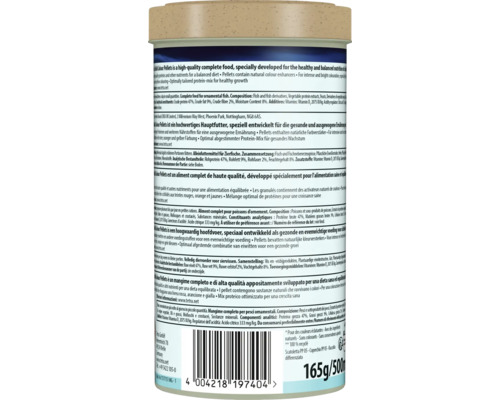 Vue détaillée de l'arrière d'une boîte de granulés Tetra Cichlid Colour avec informations produit, ingrédients et code-barres.