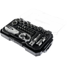 Coffret de douilles en plastique avec couvercle, comprenant un cliquet, diverses douilles, des embouts et des accessoires. WGB Logo.