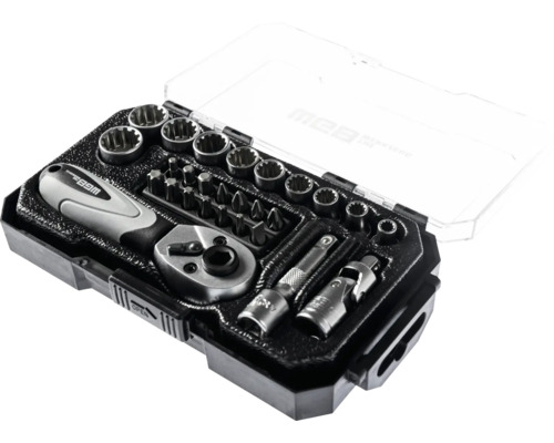 Coffret de douilles en plastique avec couvercle, comprenant un cliquet, diverses douilles, des embouts et des accessoires. WGB Logo.