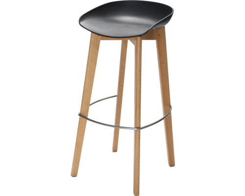 Tabouret de bar Veba Keeve 88 x 47 x 53 cm bois noir bas Tabouret de bar avec assise en plastique noir, quatre pieds en bois et un repose-pieds circulaire en métal.