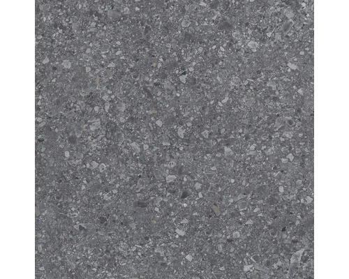 Carrelage en grès cérame aspect terrazzo en gris foncé avec des inclusions claires.