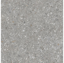 Carrelage de sol aspect terrazzo gris avec des inclusions minérales fines.