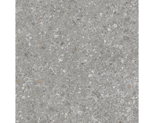Carrelage de sol aspect terrazzo gris avec des inclusions minérales fines.