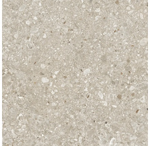Carreau en grès cérame beige aspect terrazzo avec inclusions minérales.