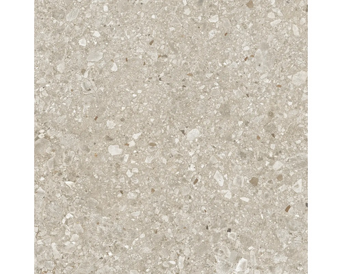 Carreau en grès cérame beige aspect terrazzo avec inclusions minérales.