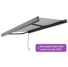 Store banne à coffre intégral avec armature gris foncé, toile gris clair et manivelle.