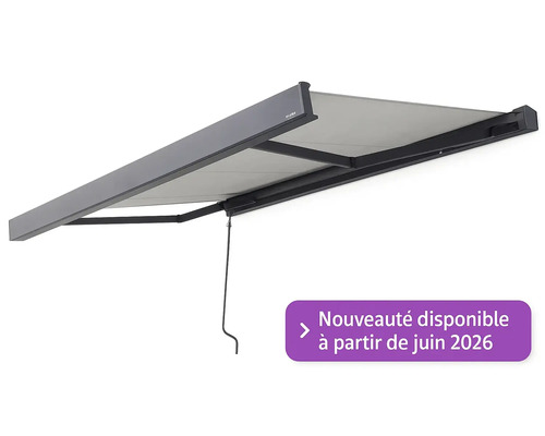 Store banne à coffre intégral avec armature gris foncé, toile gris clair et manivelle.