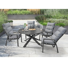 Ensemble de mobilier de jardin rond avec une table noire et quatre chaises grises avec coussins sur une terrasse.