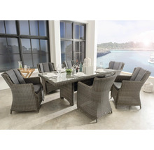 Salon de jardin en polyrotin avec six chaises à dossier haut et une grande table avec plateau en verre sur une terrasse.