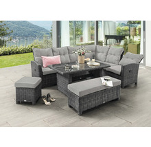 Salon de jardin en polyrotin gris avec canapé de coin, table en verre, banc et tabouret sur une terrasse lumineuse avec vue sur la nature.