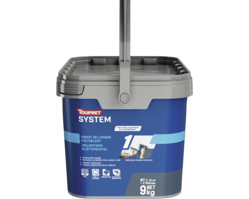 Enduit de lissage polyvalent Toupret System en seau de 9 kilogrammes pour intérieur, corrige les irrégularités jusqu'à 3 millimètres.
