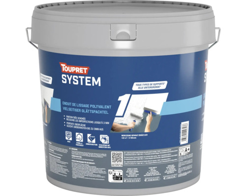 Enduit de lissage polyvalent Toupret System en seau, pour divers supports, comble les irrégularités jusqu'à 3 millimètres.