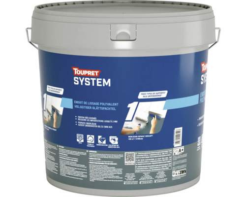 Toupret System enduit de lissage polyvalent en seau pour l'intérieur, pour égaliser les irrégularités jusqu'à 3 millimètres.