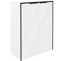 Armoire murale blanche avec deux portes, poignées noires et bords noirs.