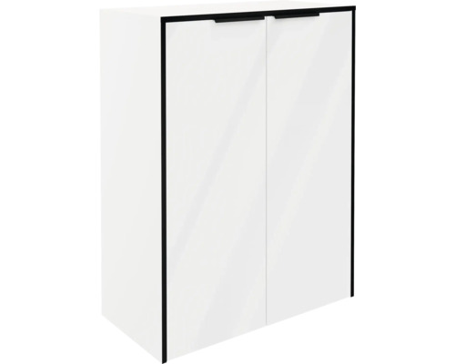 Armoire murale blanche avec deux portes, poignées noires et bords noirs.