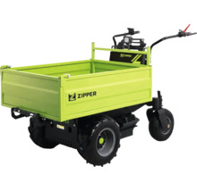 Elektro-Minidumper mit großer Ladefläche, drei Rädern und Steuergriffen. Zipper Logo.