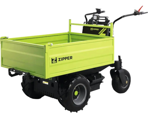 Elektro-Minidumper mit großer Ladefläche, drei Rädern und Steuergriffen. Zipper Logo.