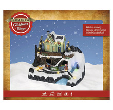 Scène d'hiver village de Noël Lumineo, peinte à la main, avec train animé, maison enneigée, musique et éclairage LED.