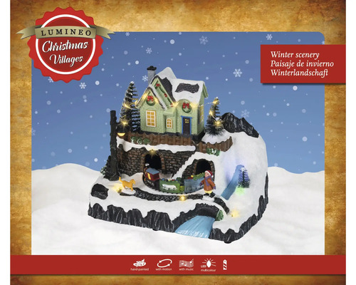 Scène d'hiver village de Noël Lumineo, peinte à la main, avec train animé, maison enneigée, musique et éclairage LED.