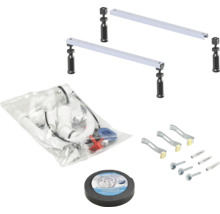 Kit de montage complet pour baignoires comprenant des pieds réglables en hauteur, un siphon, une bande d'étanchéité et du matériel de fixation.