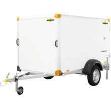 Remorque fourgon Humbaur blanche avec essieu simple, roue jockey et porte latérale.