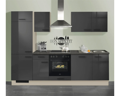 Moderne Einbauküche mit dunkelgrauen Hochglanzfronten, inklusive Backofen, Kochfeld, Spüle, Dunstabzugshaube sowie Hänge- und Unterschränken.