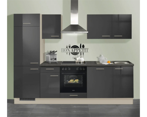 Bloc cuisine moderne avec façades gris foncé brillantes, comprenant une armoire haute, des éléments hauts, un four, une plaque, une hotte et un évier.