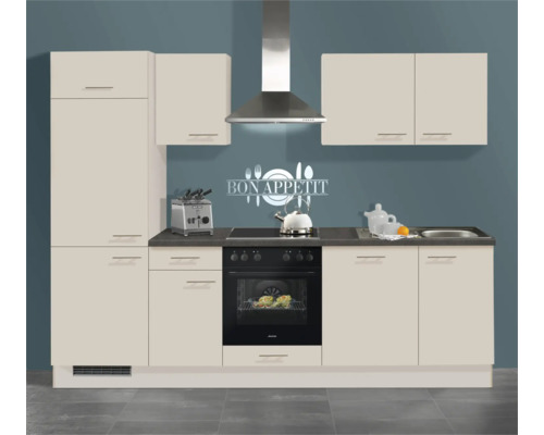 Cuisine équipée moderne avec meubles beige clair, plan de travail sombre, four encastré, plaque vitrocéramique et hotte en acier inoxydable.