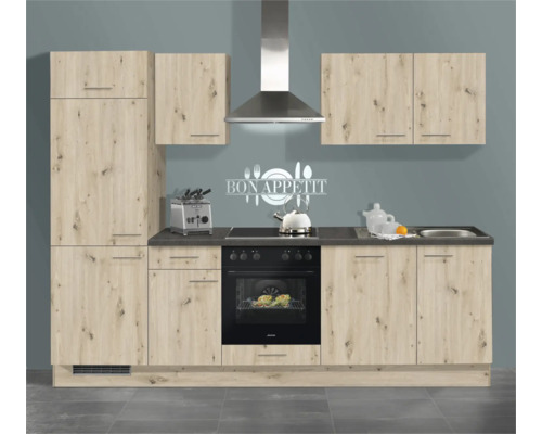 Einbauküche in Holzoptik mit Backofen, Dunstabzugshaube und Spüle, moderne Küchenzeile mit Arbeitsplatte.