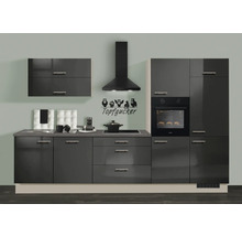 Bloc cuisine moderne en anthracite brillant avec four encastré, hotte aspirante et plaque vitrocéramique. Meubles bas et hauts avec poignées en métal.