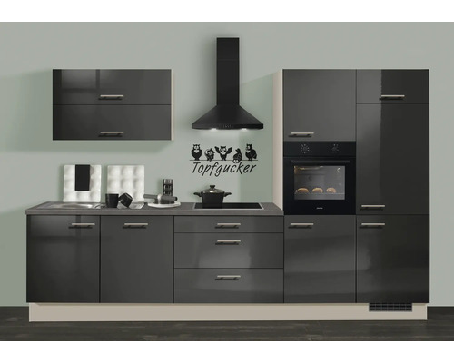 Bloc cuisine moderne en anthracite brillant avec four encastré, hotte aspirante et plaque vitrocéramique. Meubles bas et hauts avec poignées en métal.