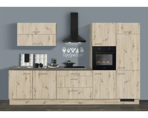 Moderne Einbauküche in heller Holzoptik mit grauer Arbeitsplatte, schwarzen Elektrogeräten, Dunstabzugshaube und Edelstahlgriffen.