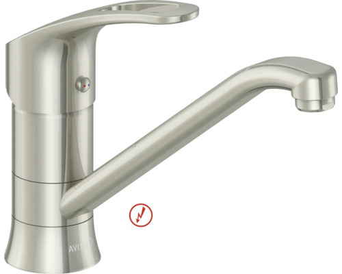 Mitigeur de cuisine RAVITAL Arlau nickel brossé Mitigeur de cuisine basse pression AVITAL aspect inox avec commande monocommande, bec pivotant et AVITAL Logo.