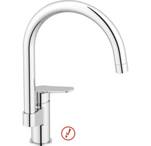 Mitigeur de cuisine chromé à bec haut courbé et levier unique, compatible basse pression.