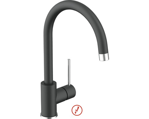 Mitigeur de cuisine noir mat avec bec haut en C et levier chromé, adapté pour basse pression.