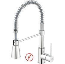 Mitigeur de cuisine basse pression avec douchette professionnelle, ressort hélicoïdal et levier unique, chromé. Logo KEO.