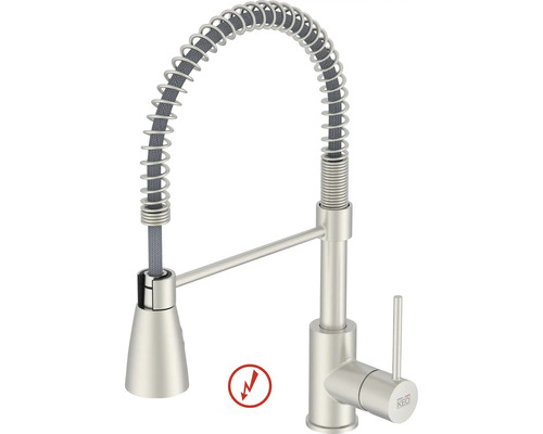 Robinet de cuisine professionnel avec ressort spirale, mitigeur monocommande et adapté pour basse pression. Logo KEO.