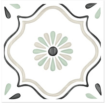 Carreau décoratif carré avec motif floral central, bordure ondulée et motifs en forme de gouttes dans les coins.