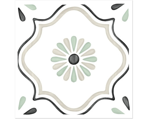 Carreau décoratif carré avec motif floral central, bordure ondulée et motifs en forme de gouttes dans les coins.