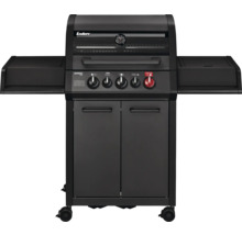 Barbecue à gaz Enders Monroe Pro noir avec fenêtre de visualisation, tablettes latérales et meuble bas sur roulettes.