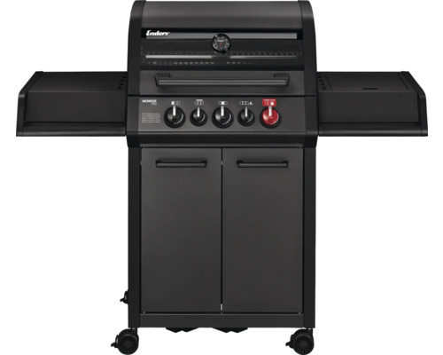 Barbecue à gaz Enders Monroe Pro noir avec fenêtre de visualisation, tablettes latérales et meuble bas sur roulettes.