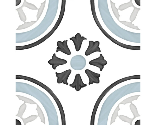Quadratische Bodenfliese mit Retro-Ornamentmuster, einem zentralen Blumenelement und kreisförmigen Eckmotiven.