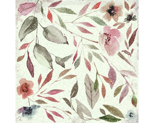 Quadratische Dekorfliese mit floralem Muster aus Blättern und Blüten im Aquarell-Stil mit feiner Craquelé-Optik.