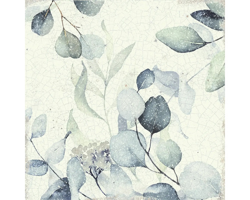 Carreau mural avec motif botanique de feuilles eucalyptus et effet craquelé vintage en vert et gris.